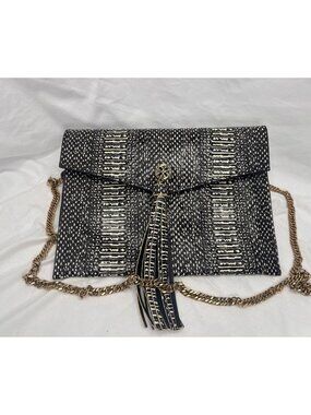 Carrano Snake Print Leather Clutch Crossbody Gold Chain Tassel Black Ivory